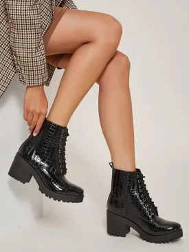 Croc Patent Leather Block Heel Boots