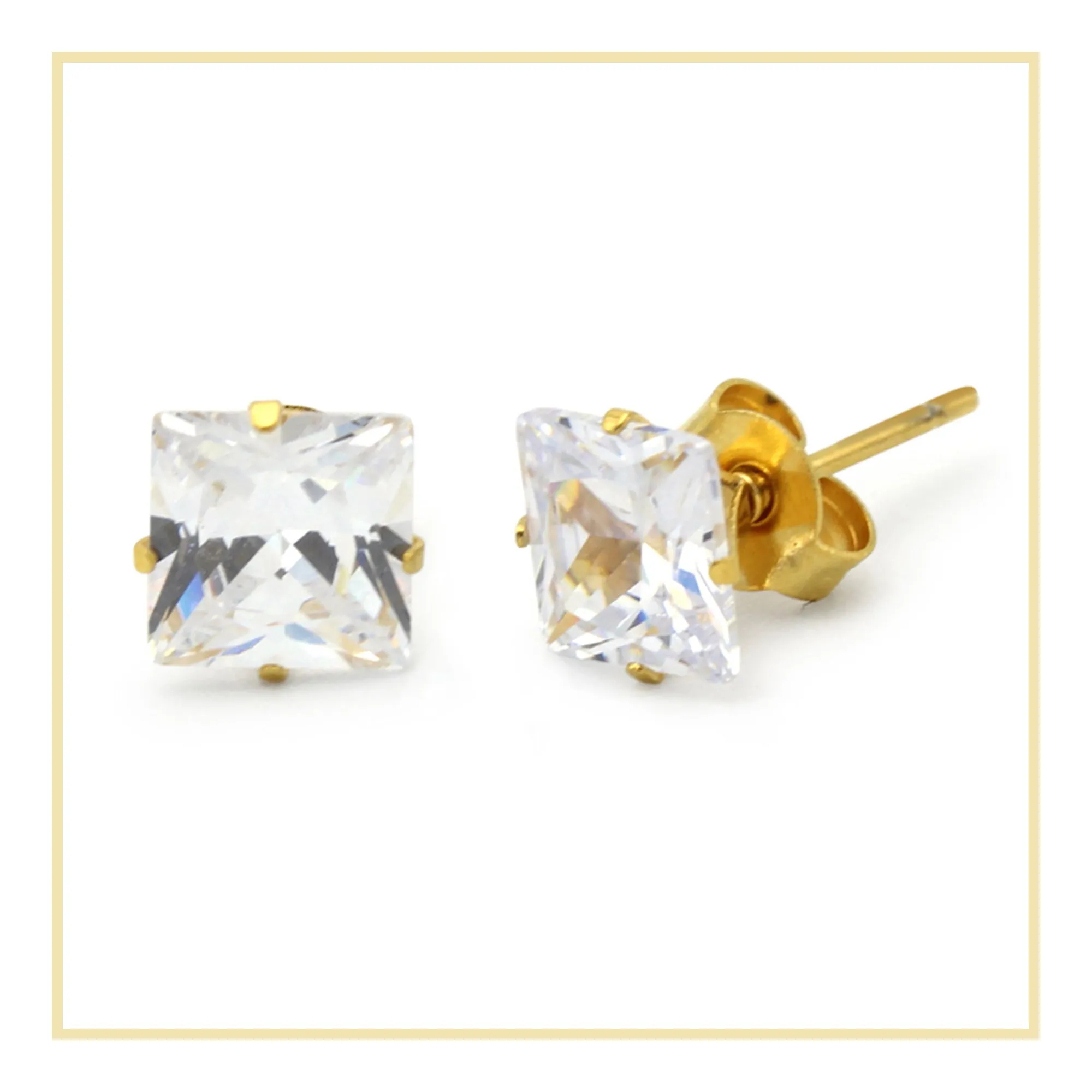 Cubic Zirconia Square 14K Gold Filled Stud Earrings Stainless Steel Ear Piercing Jewelry Men Women