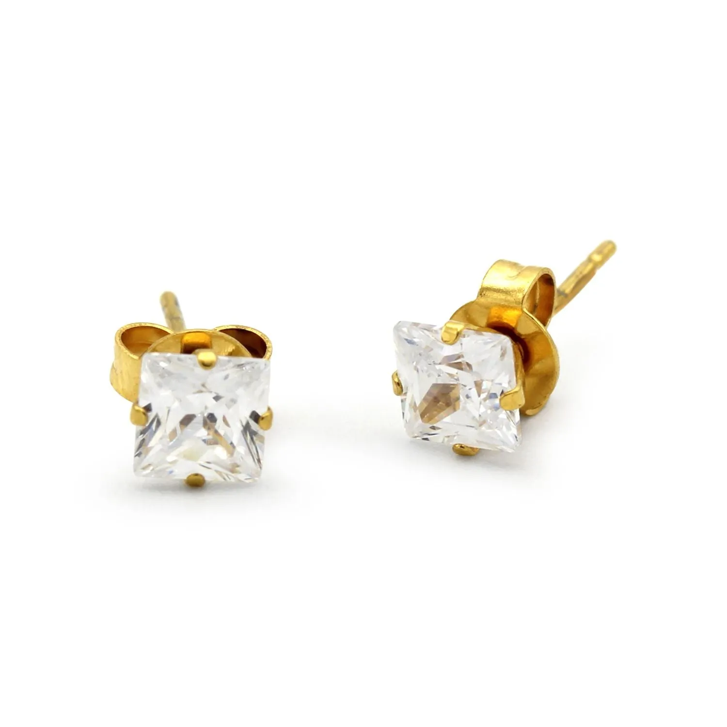 Cubic Zirconia Square 14K Gold Filled Stud Earrings Stainless Steel Ear Piercing Jewelry Men Women