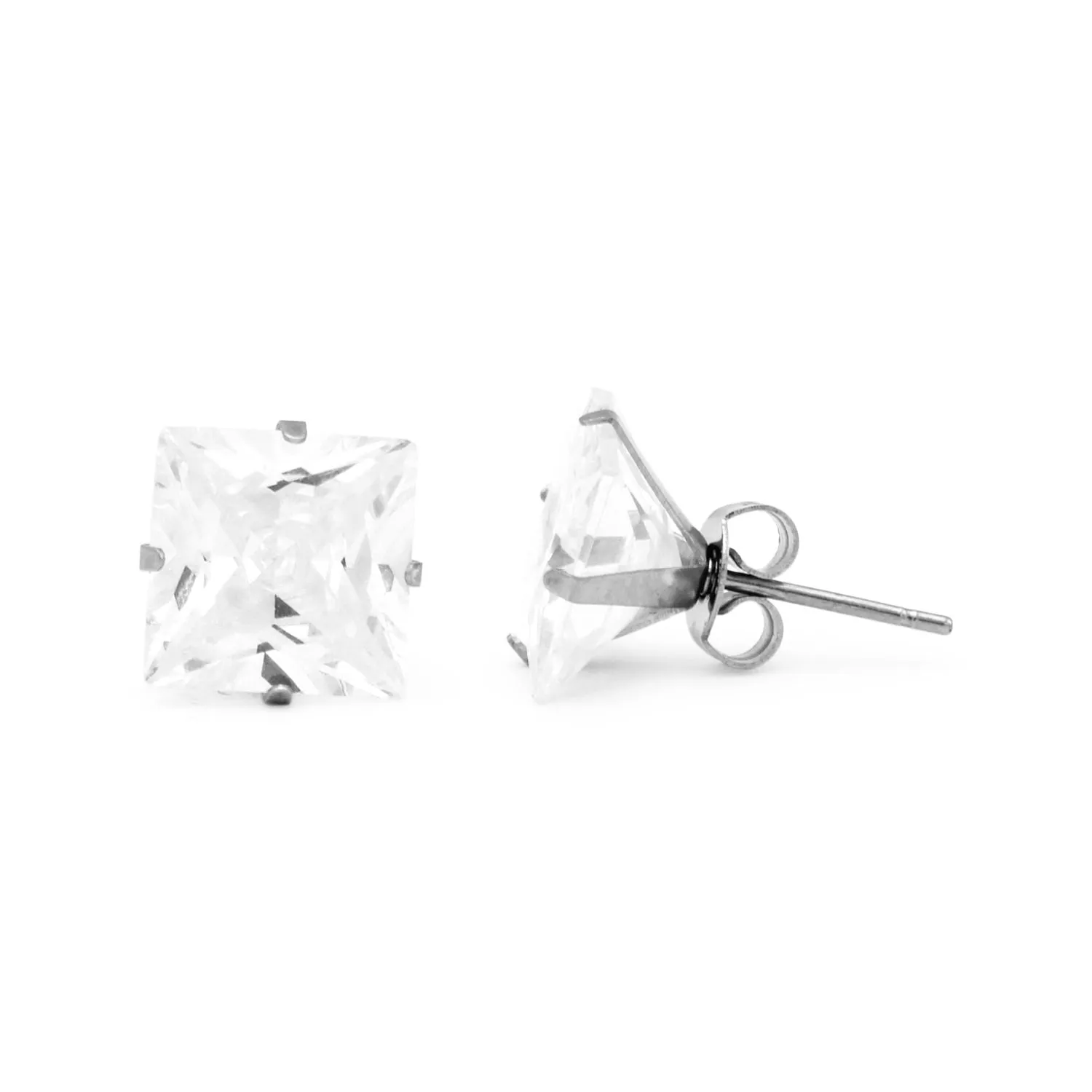 Cubic Zirconia Square Stud Earrings Stainless Steel Silver Ear Piercing Jewelry Men Women