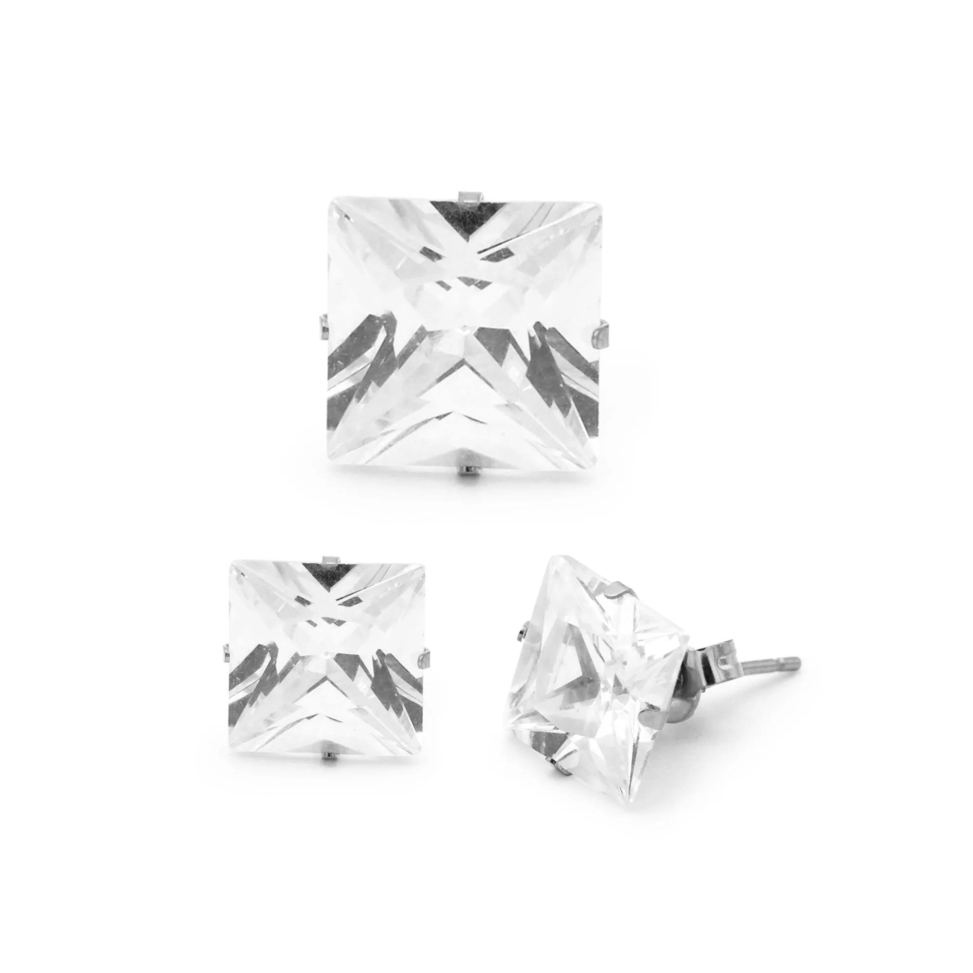 Cubic Zirconia Square Stud Earrings Stainless Steel Silver Ear Piercing Jewelry Men Women