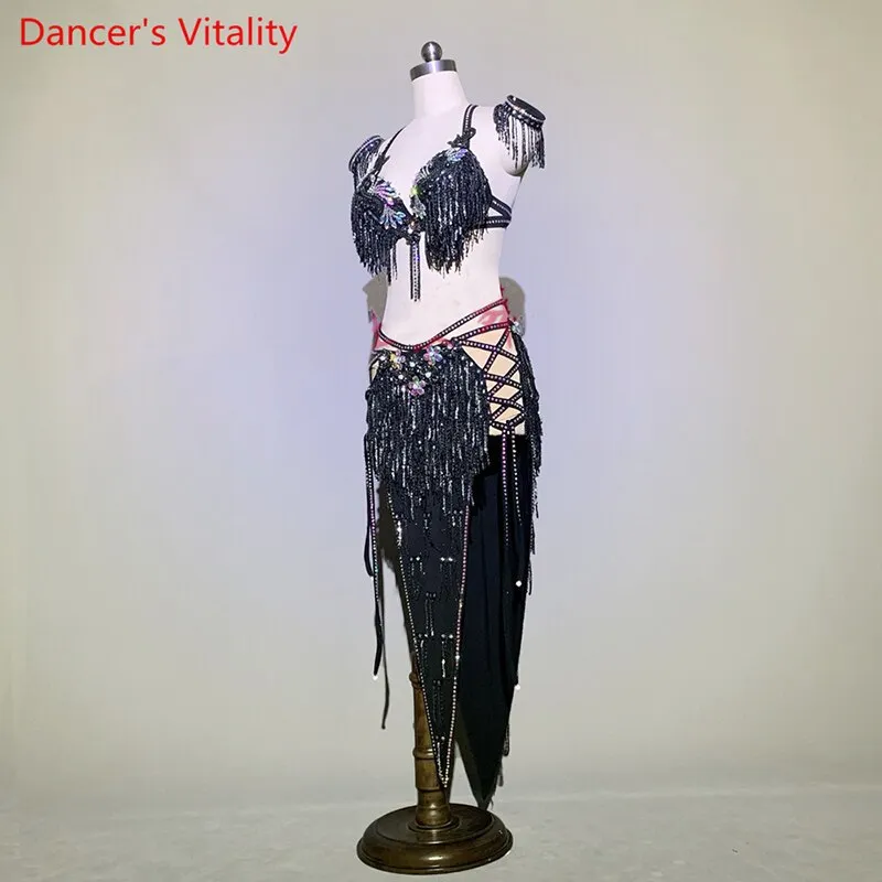 Customized Belly Dance Performance Costume Elegant Tassel Bra Diamond Skirt Set Women Oriental Indian Drum Dancing Stage Wear