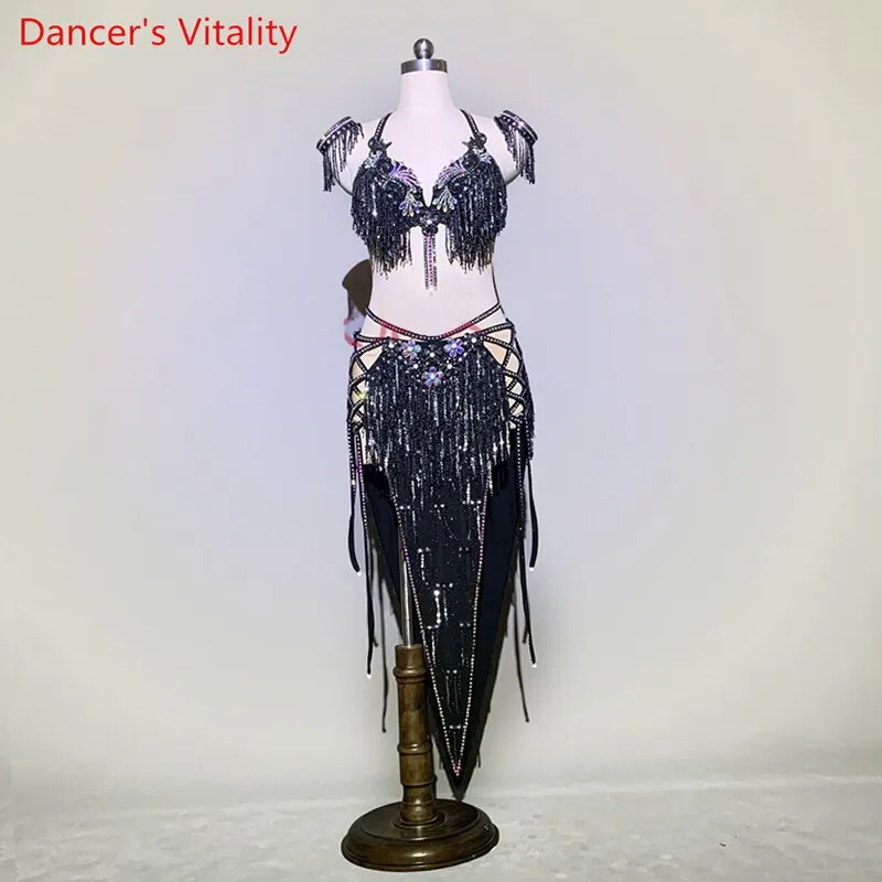 Customized Belly Dance Performance Costume Elegant Tassel Bra Diamond Skirt Set Women Oriental Indian Drum Dancing Stage Wear