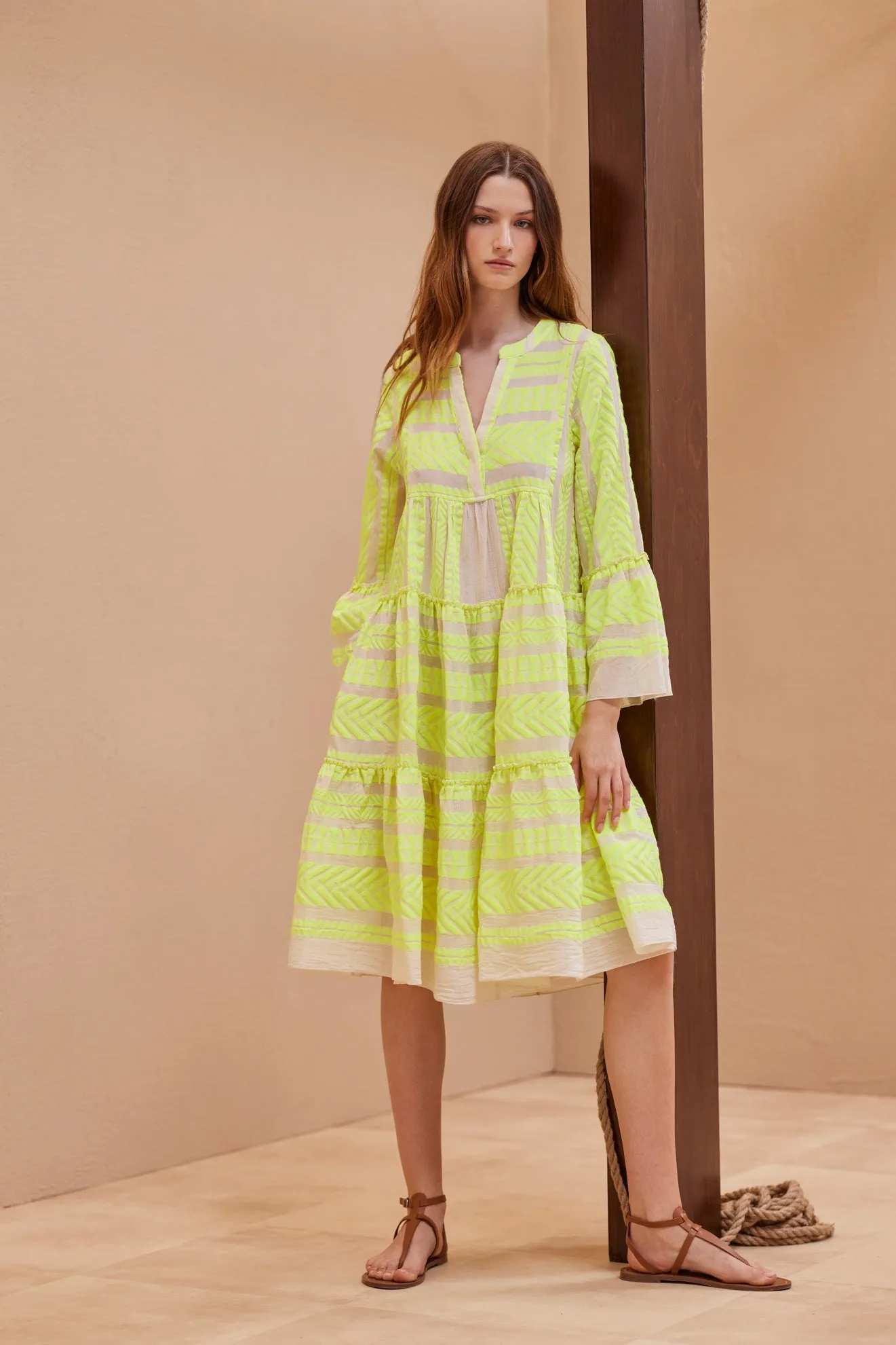 DEVOTION TWINS Ella MIDI Dress | NEON LIME on OFF WHITE