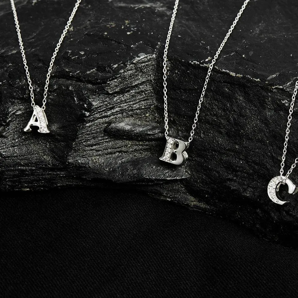 Diamond Initial Letter Pendant Necklace Silver H