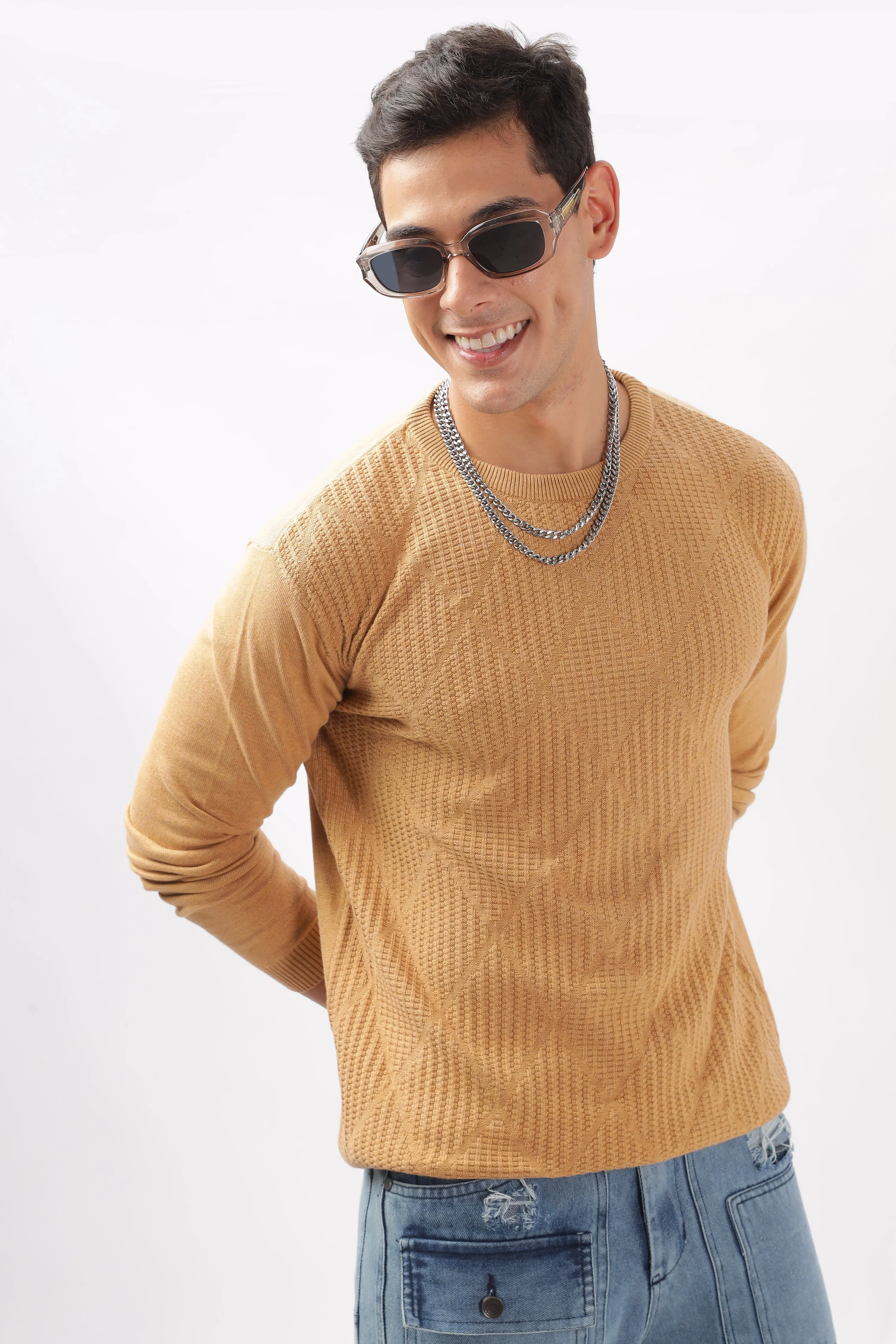 Diamond Knitted Beige Full-Sleeve T-Shirt