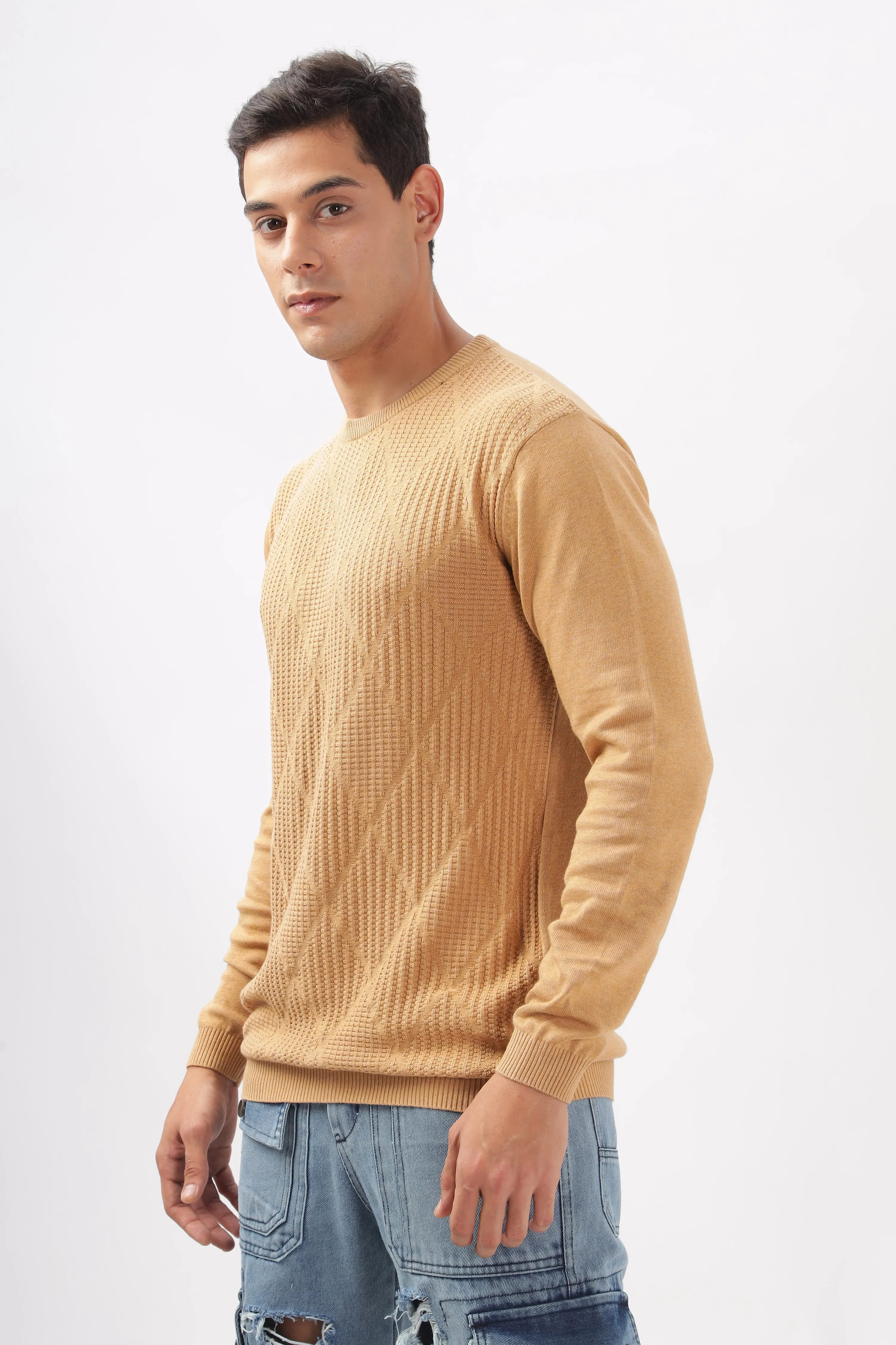 Diamond Knitted Beige Full-Sleeve T-Shirt