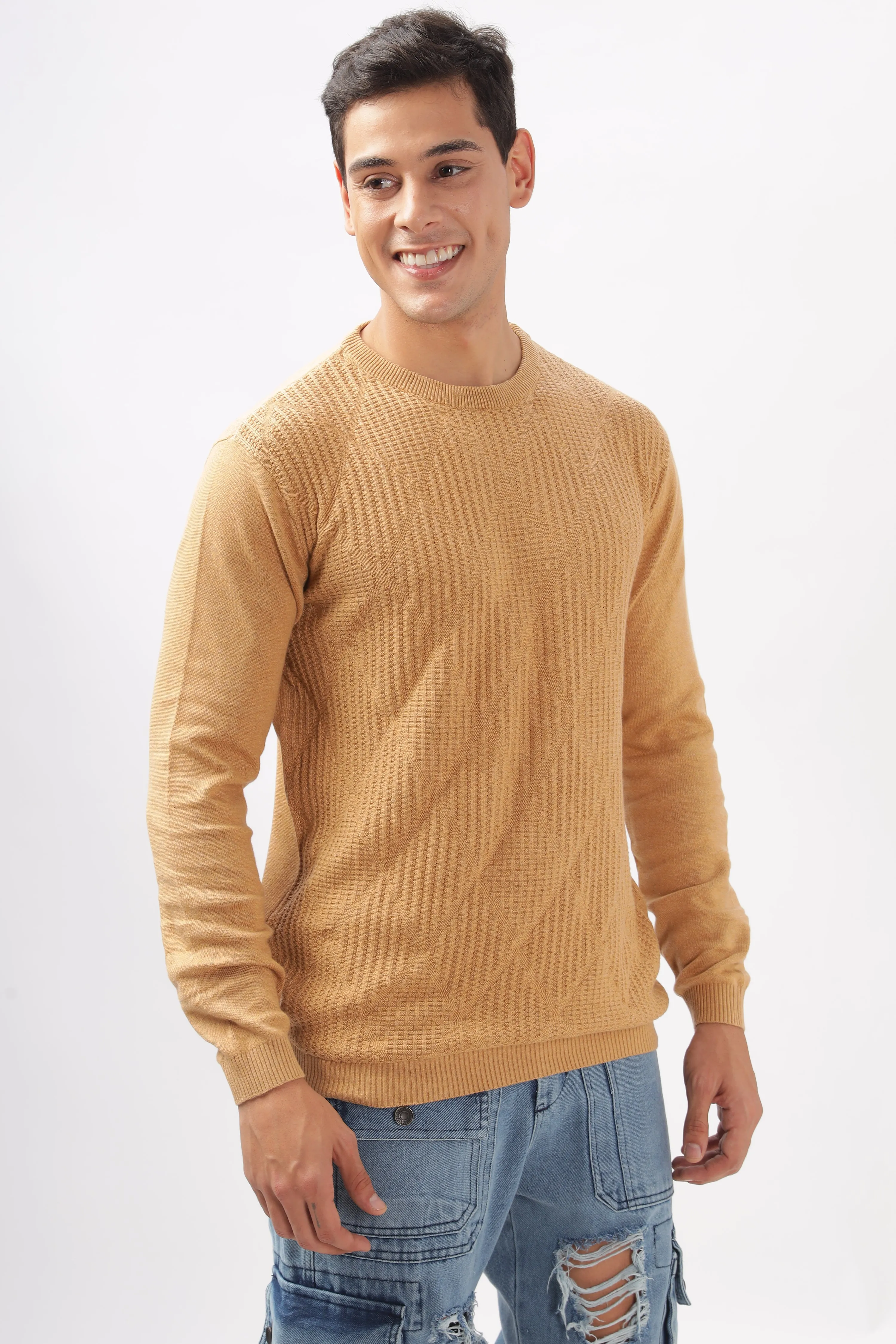 Diamond Knitted Beige Full-Sleeve T-Shirt