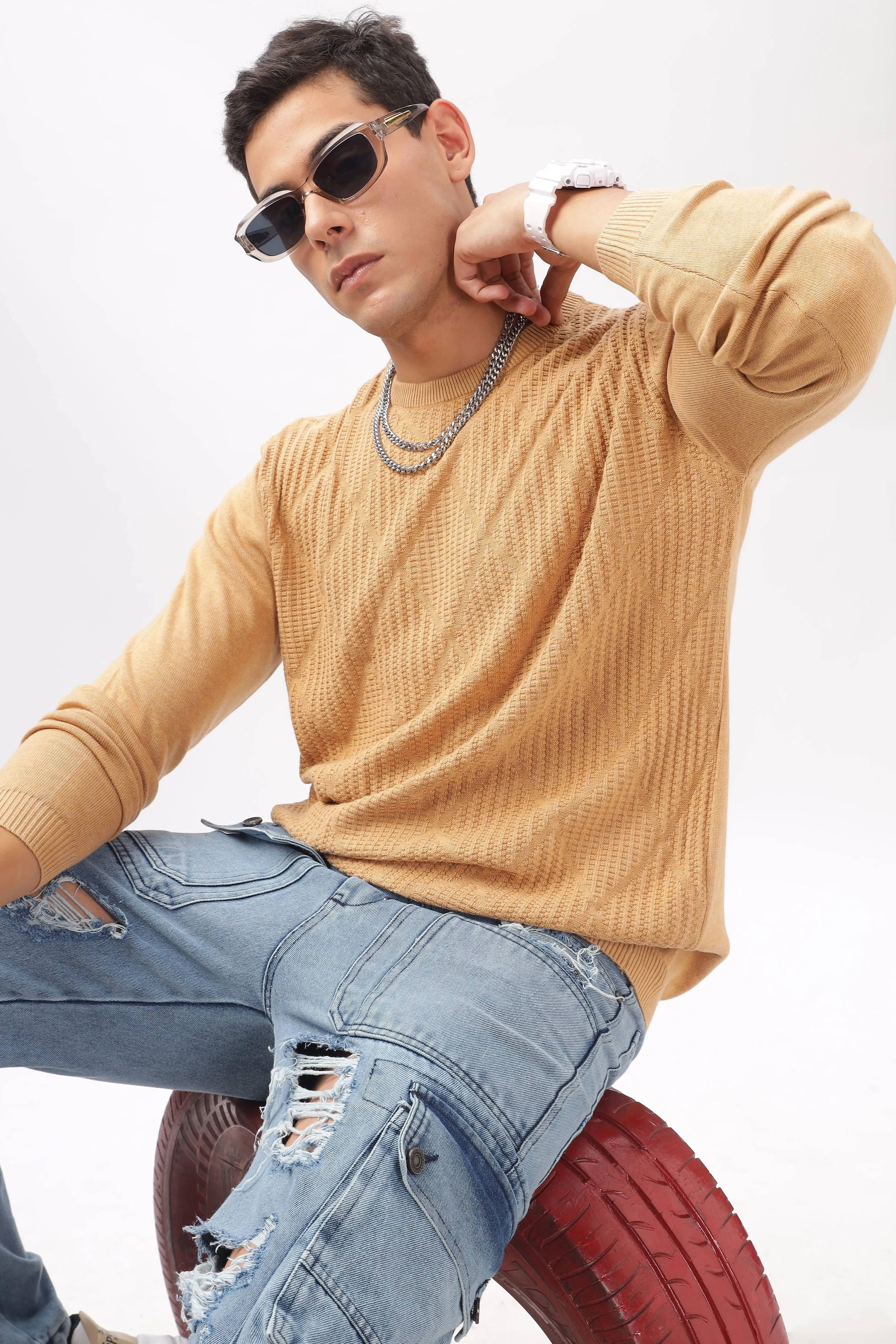 Diamond Knitted Beige Full-Sleeve T-Shirt