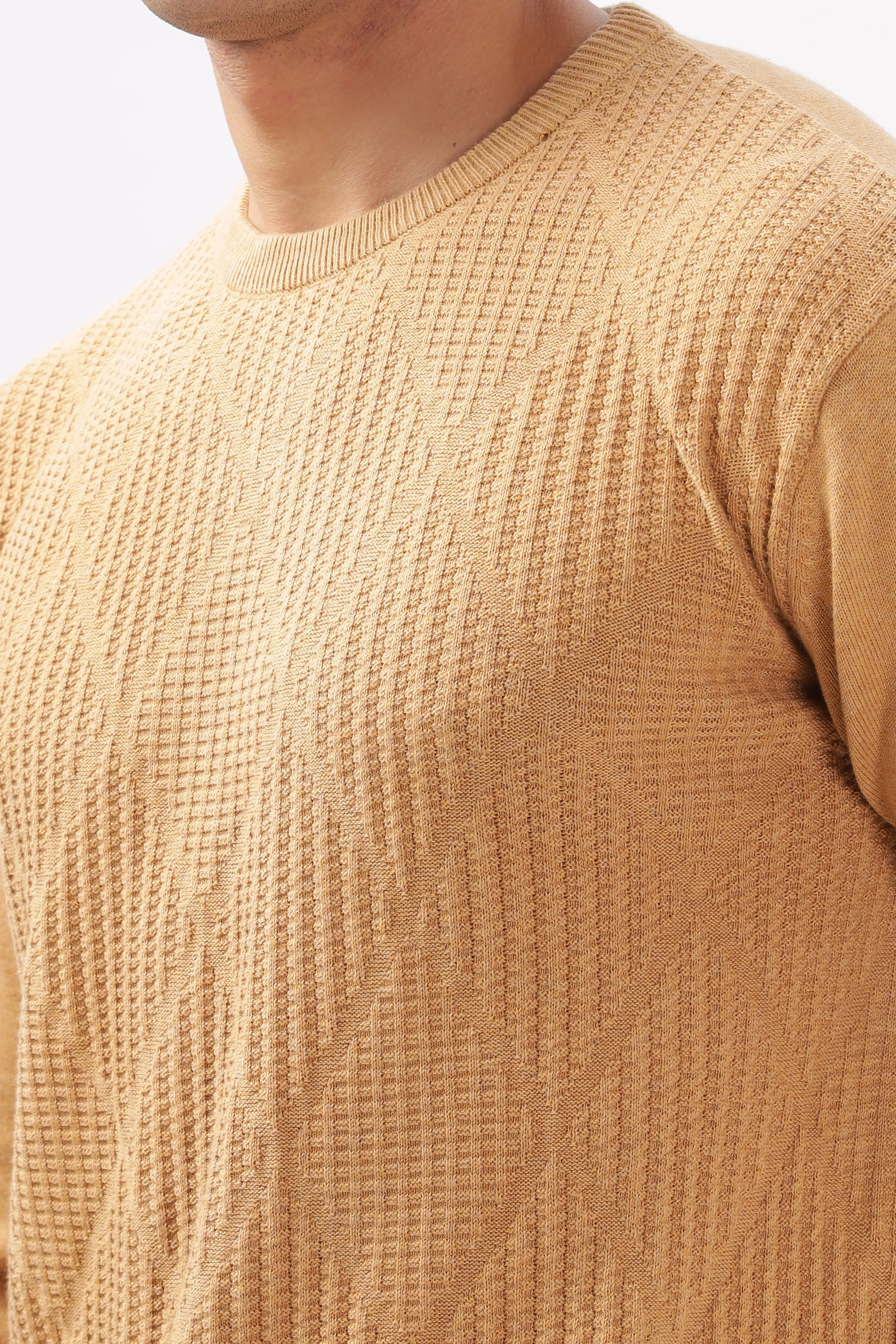 Diamond Knitted Beige Full-Sleeve T-Shirt