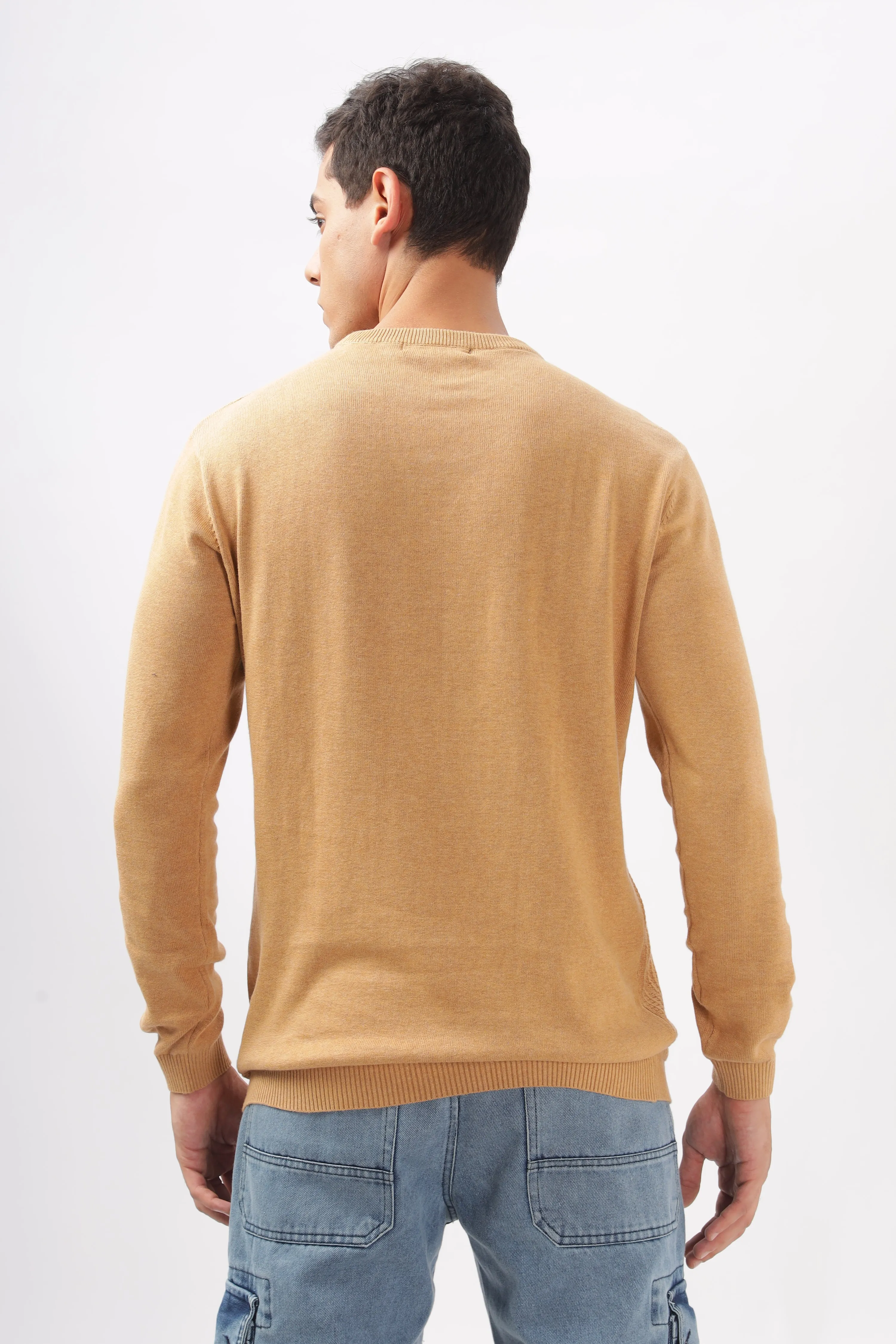 Diamond Knitted Beige Full-Sleeve T-Shirt