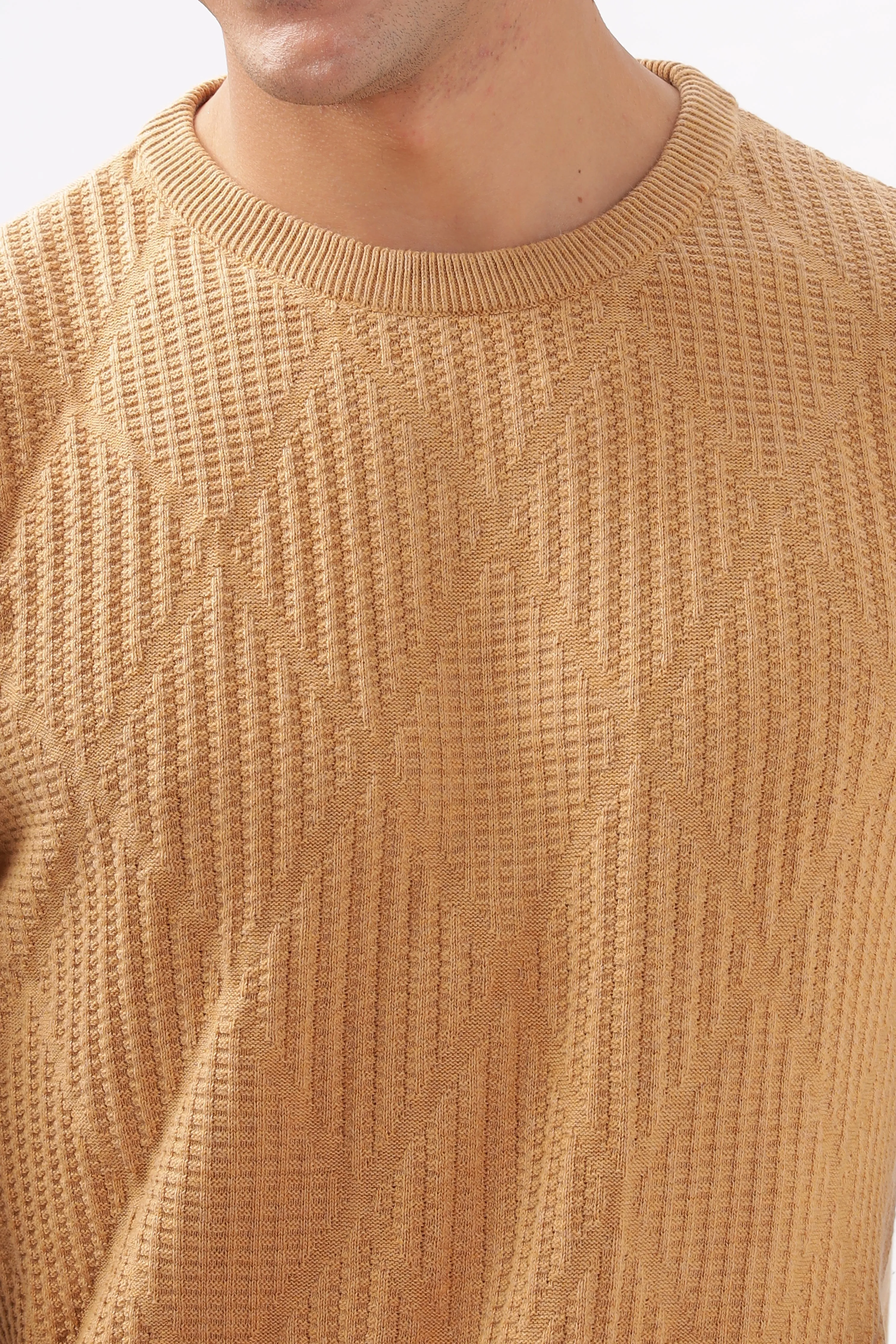 Diamond Knitted Beige Full-Sleeve T-Shirt