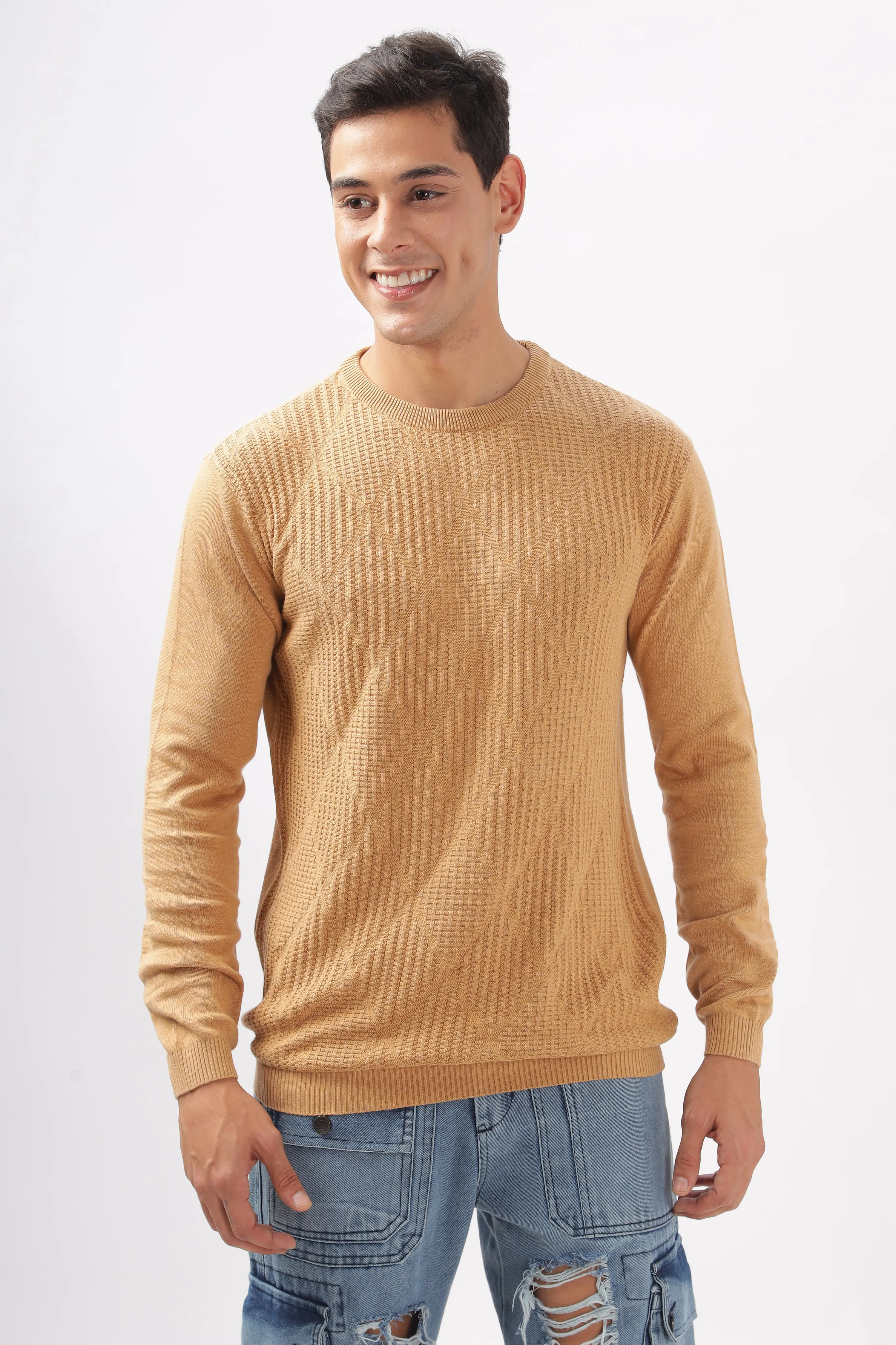 Diamond Knitted Beige Full-Sleeve T-Shirt