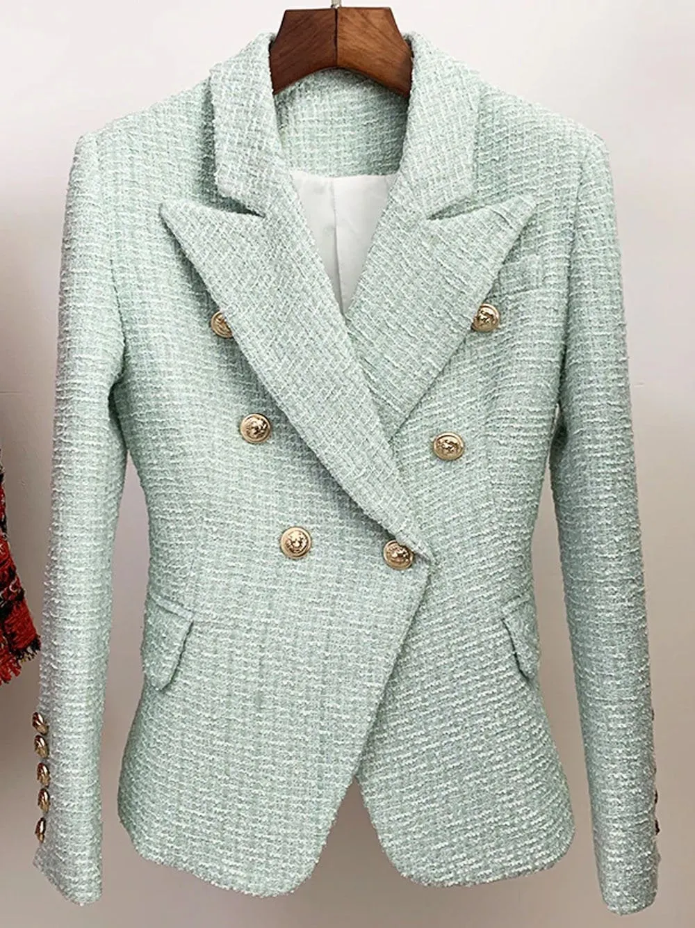 Double Breasted Tweed Blazer in Mint