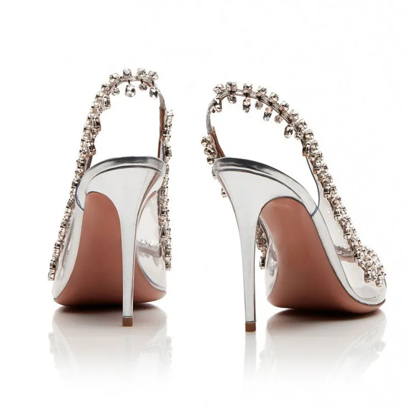 Draping Crystal Detail Peep Toe Clear Stiletto Slingback Heels - Silver