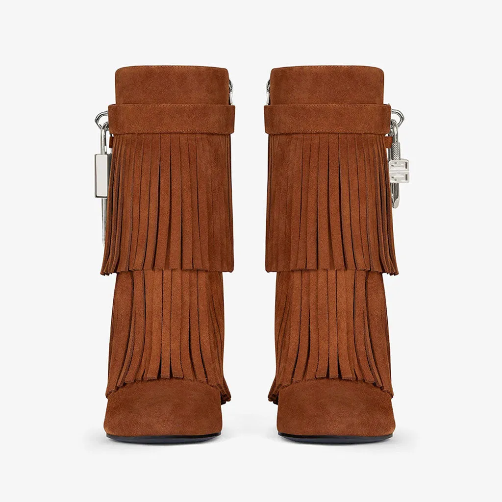 Edgy Metal Lock Layer Fringe Suede Wedge Heel Ankle Boots - Brown