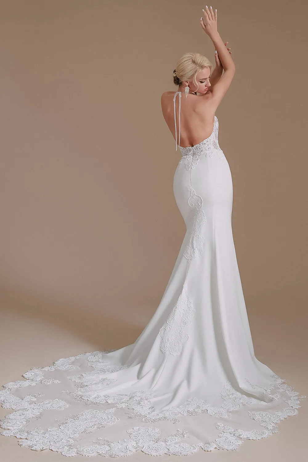 Elegant Long Mermaid Lace Appliques Backless Wedding Dress