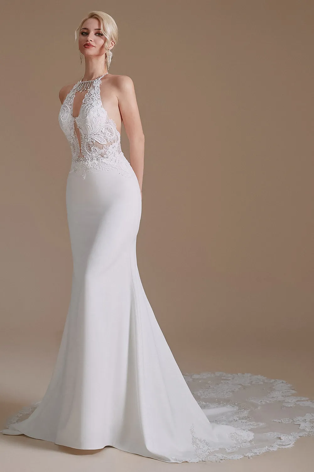 Elegant Long Mermaid Lace Appliques Backless Wedding Dress