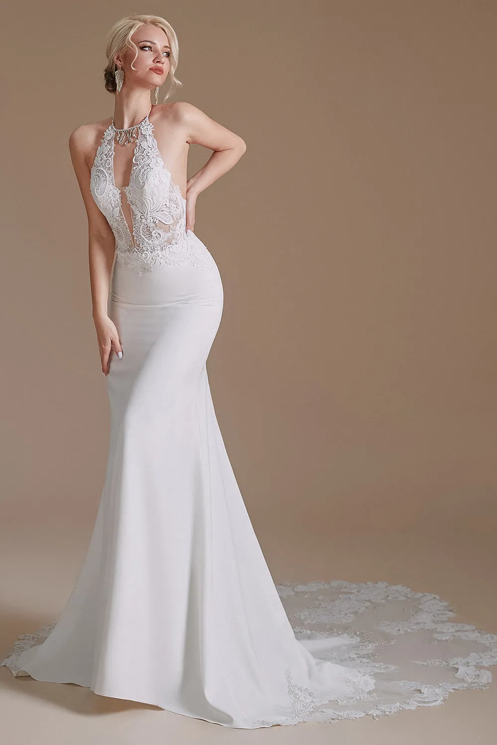 Elegant Long Mermaid Lace Appliques Backless Wedding Dress