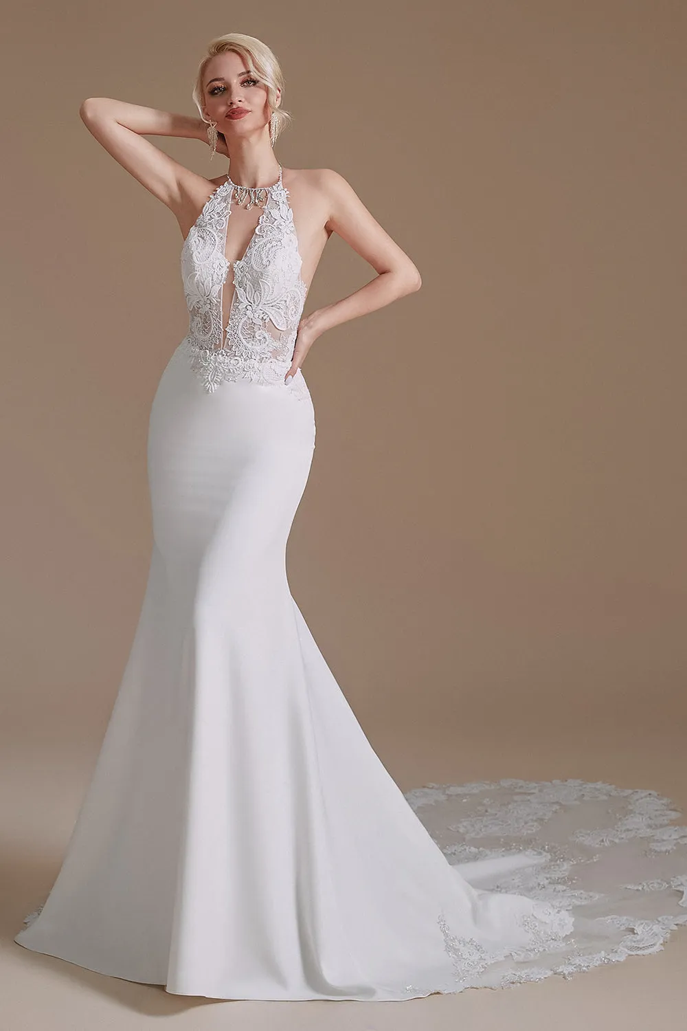 Elegant Long Mermaid Lace Appliques Backless Wedding Dress