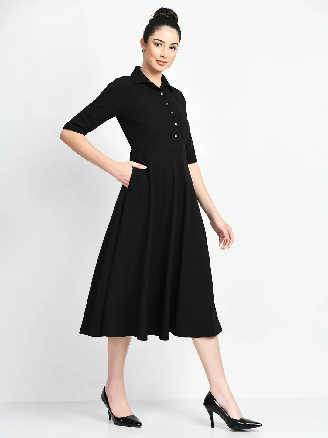 Exude Serenity Fit and Flared Shirt Midi Dress (Black)