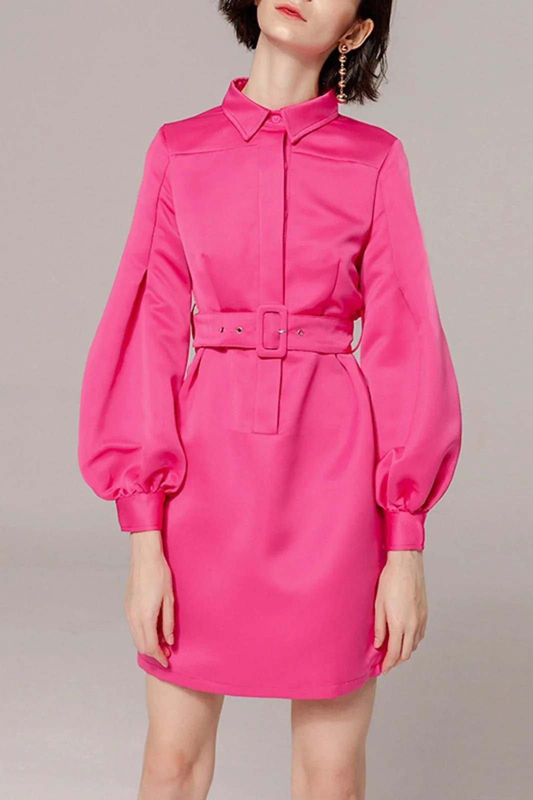 Fuchsia Long Puff Sleeve Belted Shirtdress