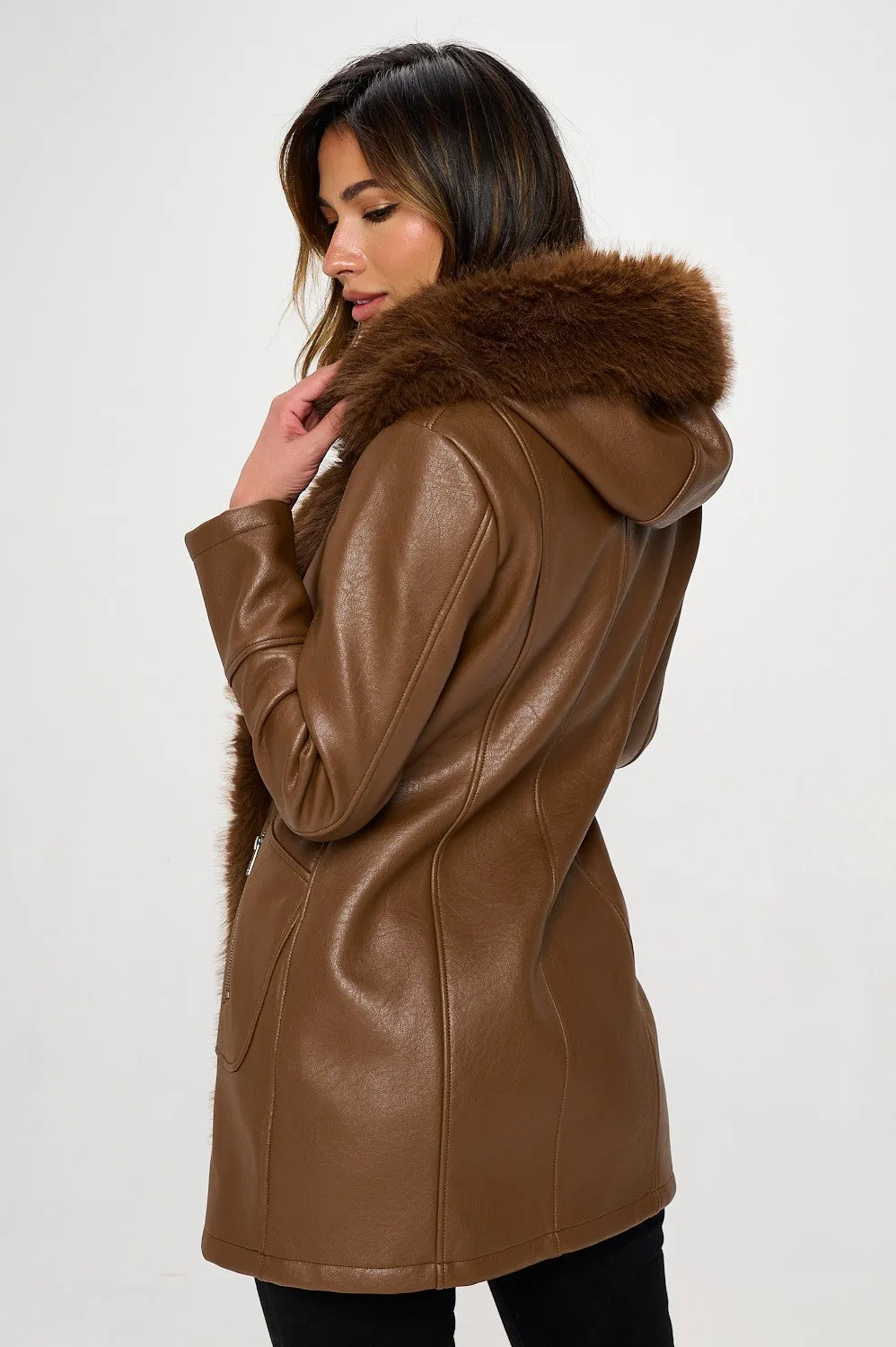 Fur Trimmed Zip Faux Leather Jacket | Camel