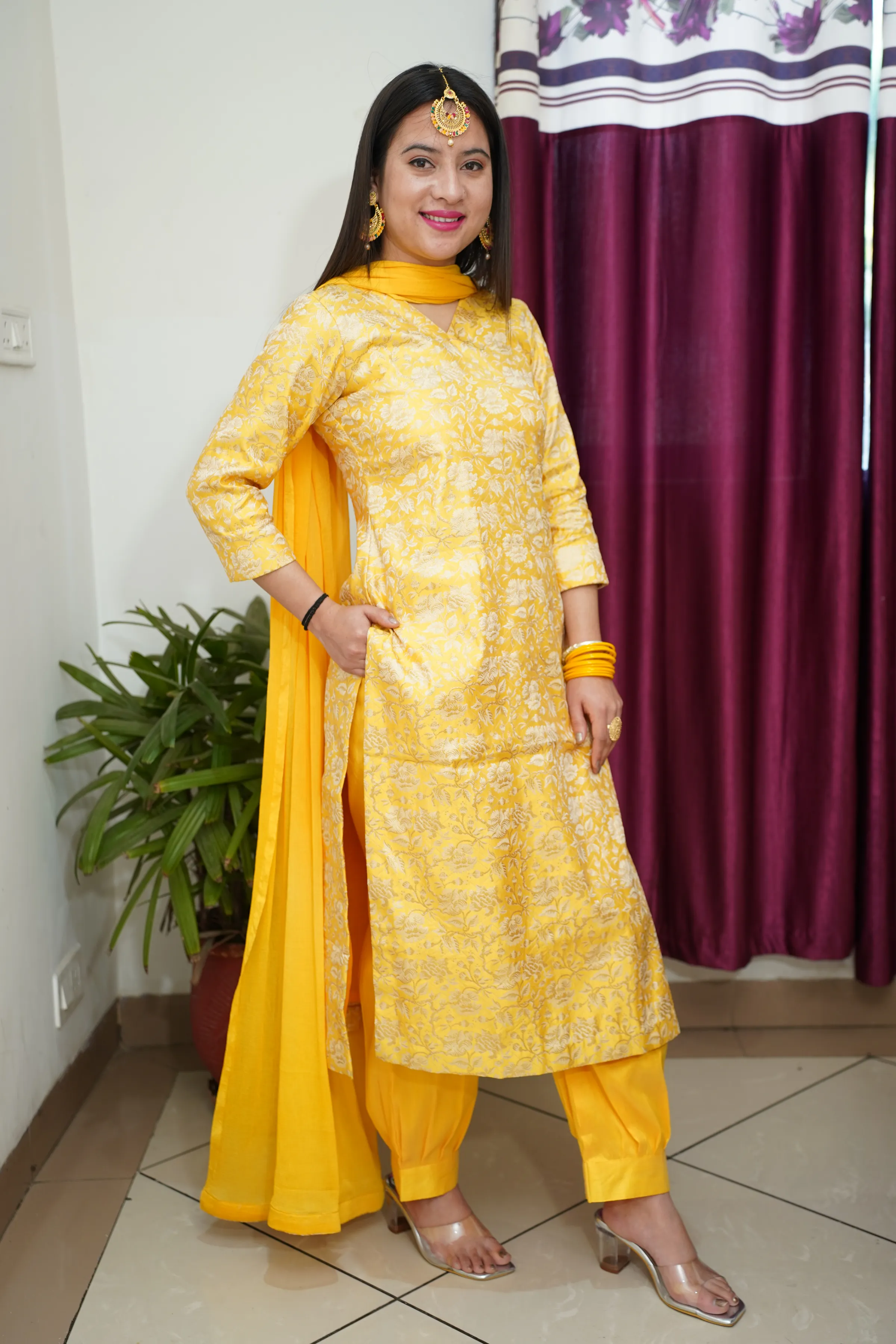 Gleaming Yellow Brocade Suit Set