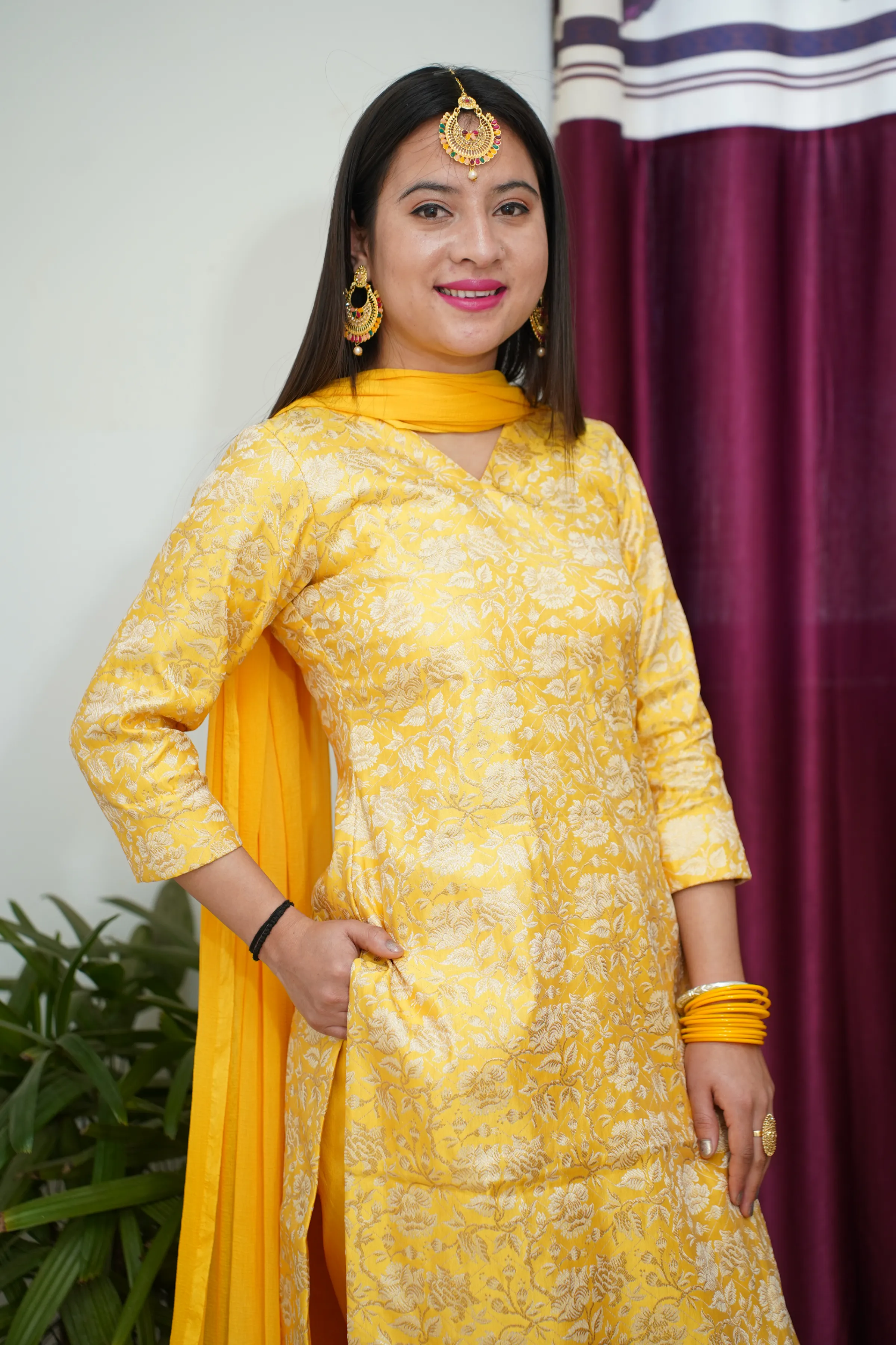 Gleaming Yellow Brocade Suit Set