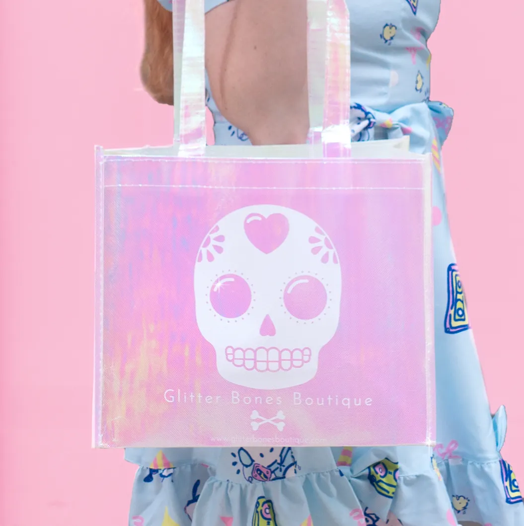 Glitter Bones Sugar Skull Iridescent Tote Bag