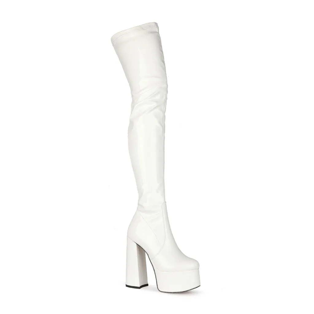 Glossy Patent Leather Over Knee Platform Block Heeled Boots - White