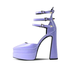 Glossy Pointed Toe Platform Block Heel Ankle Strap Pumps - Purple