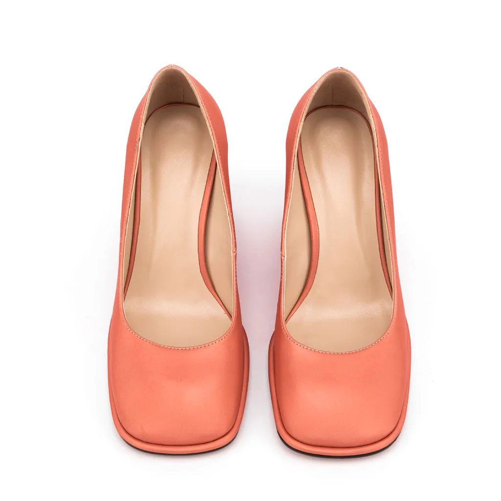 Glossy Satin Square Toe Geometric Heeled Pumps - Coral