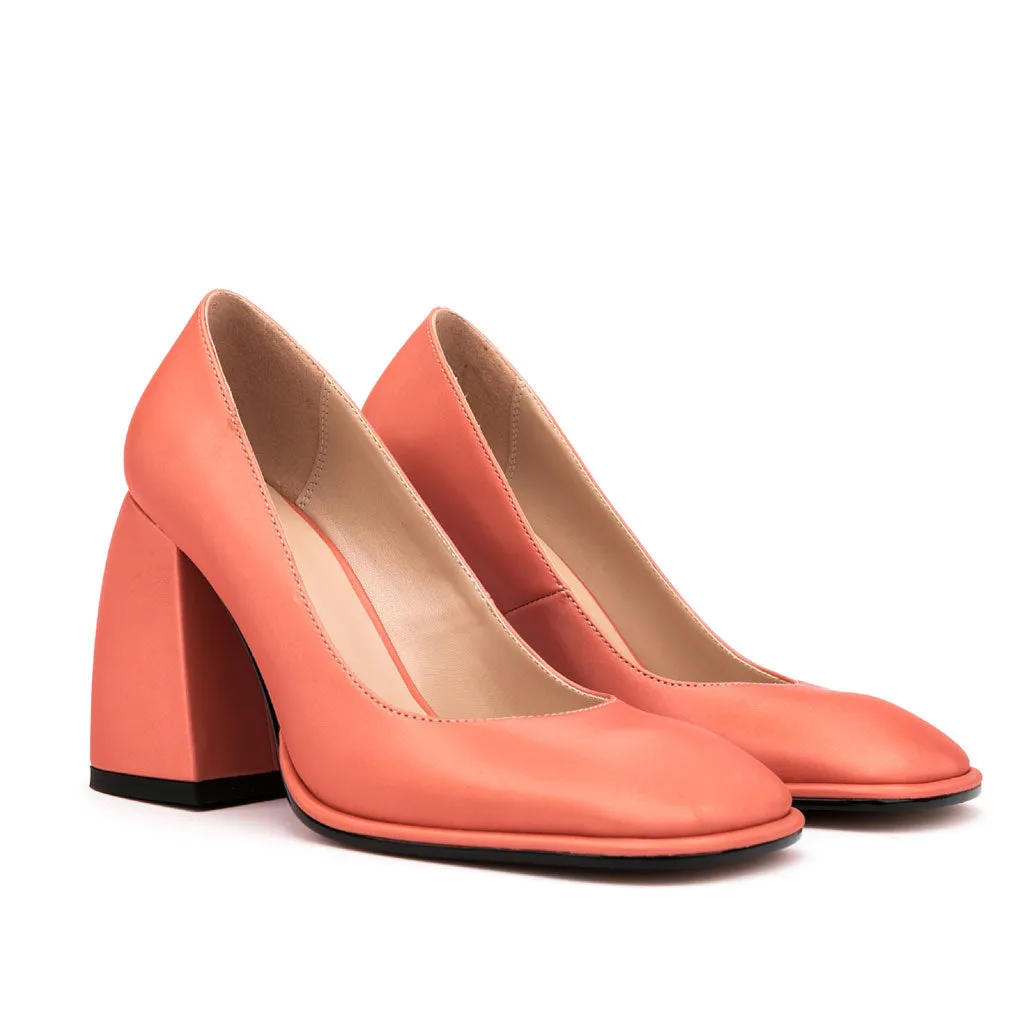 Glossy Satin Square Toe Geometric Heeled Pumps - Coral