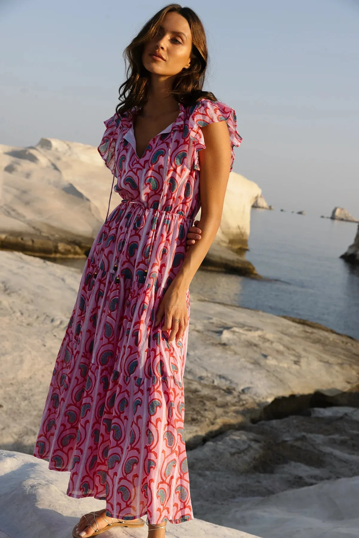 Goa Pink Cinched Flirty Midi Dress