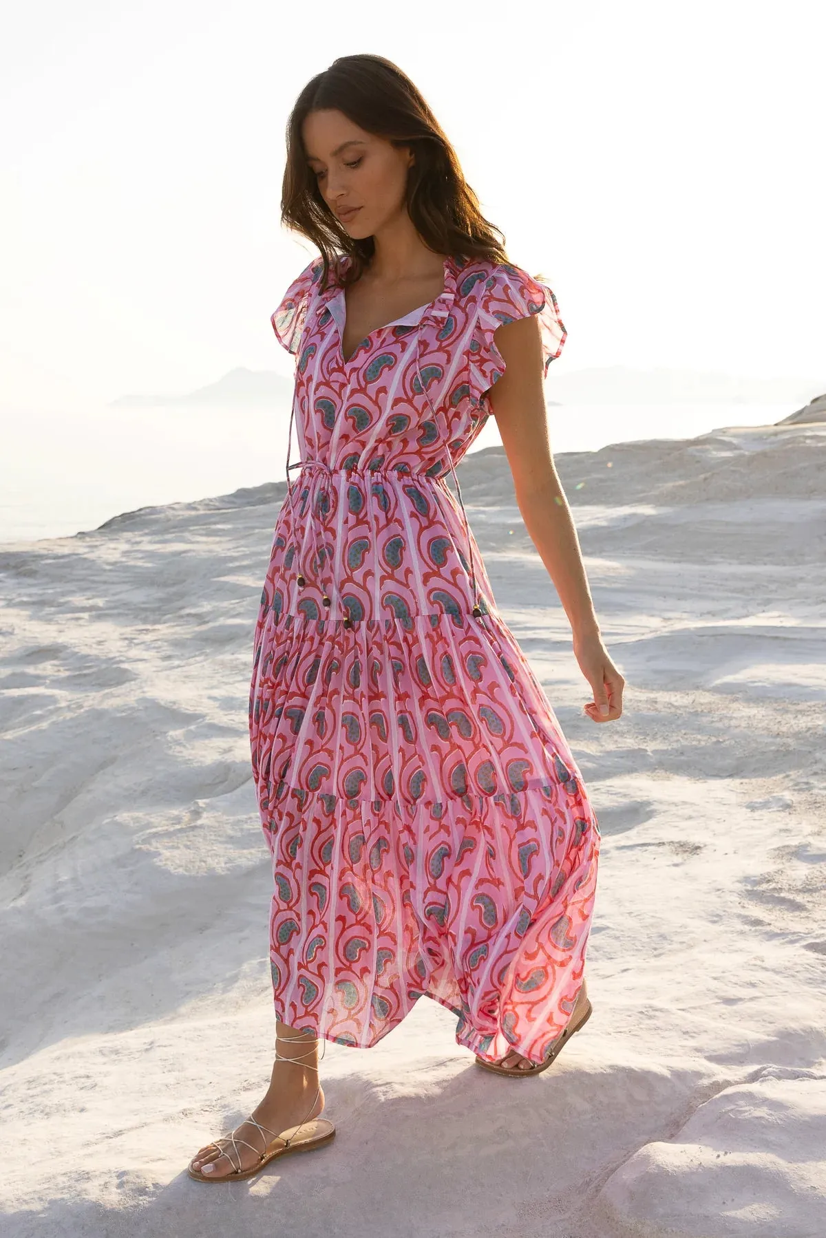 Goa Pink Cinched Flirty Midi Dress