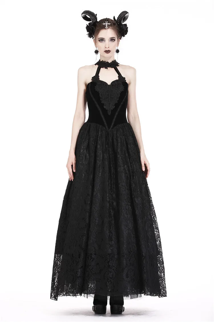 Gothic noble velvet lace long dress with hearted flower design DW187