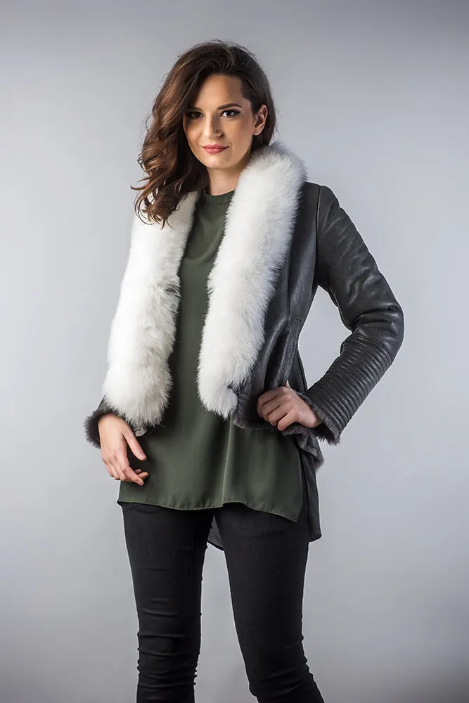 Gray Merino Shearling Jacket with Arctic Fox Fur Collar