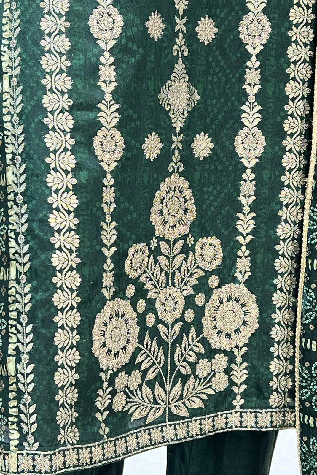 Green Banaras, Pearl and Sequins work with Bandini Print Straight Cut Salwar Suit