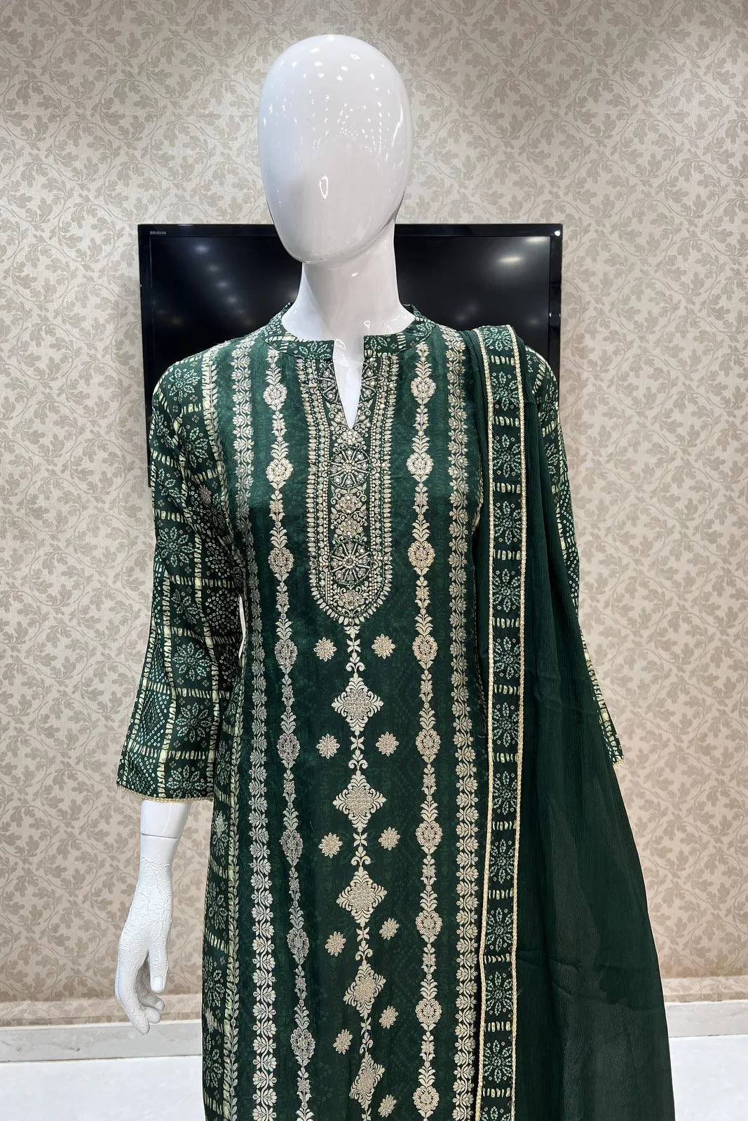 Green Banaras, Pearl and Sequins work with Bandini Print Straight Cut Salwar Suit