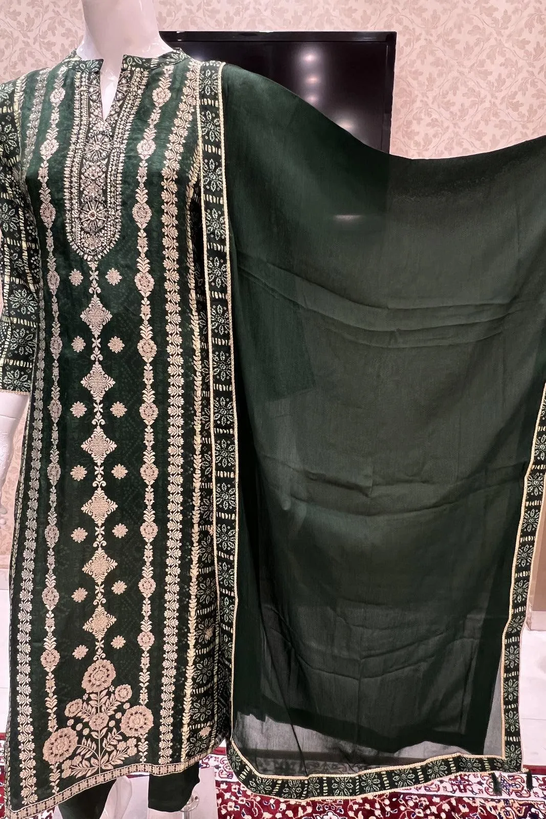 Green Banaras, Pearl and Sequins work with Bandini Print Straight Cut Salwar Suit