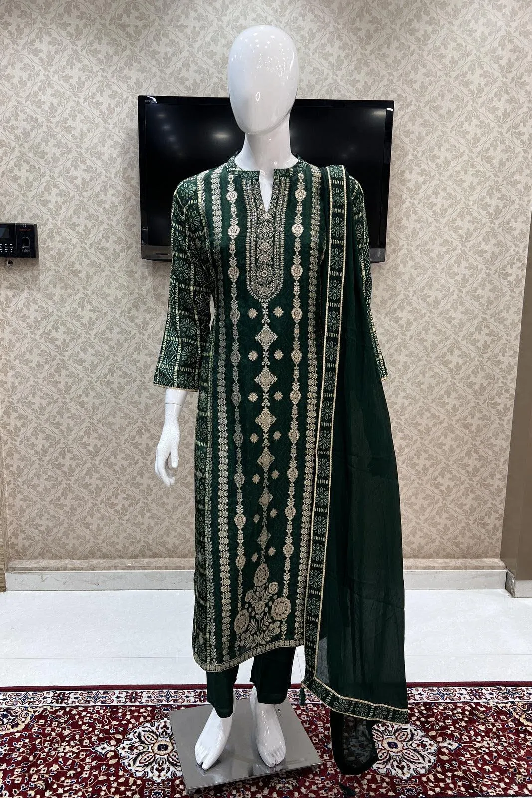 Green Banaras, Pearl and Sequins work with Bandini Print Straight Cut Salwar Suit