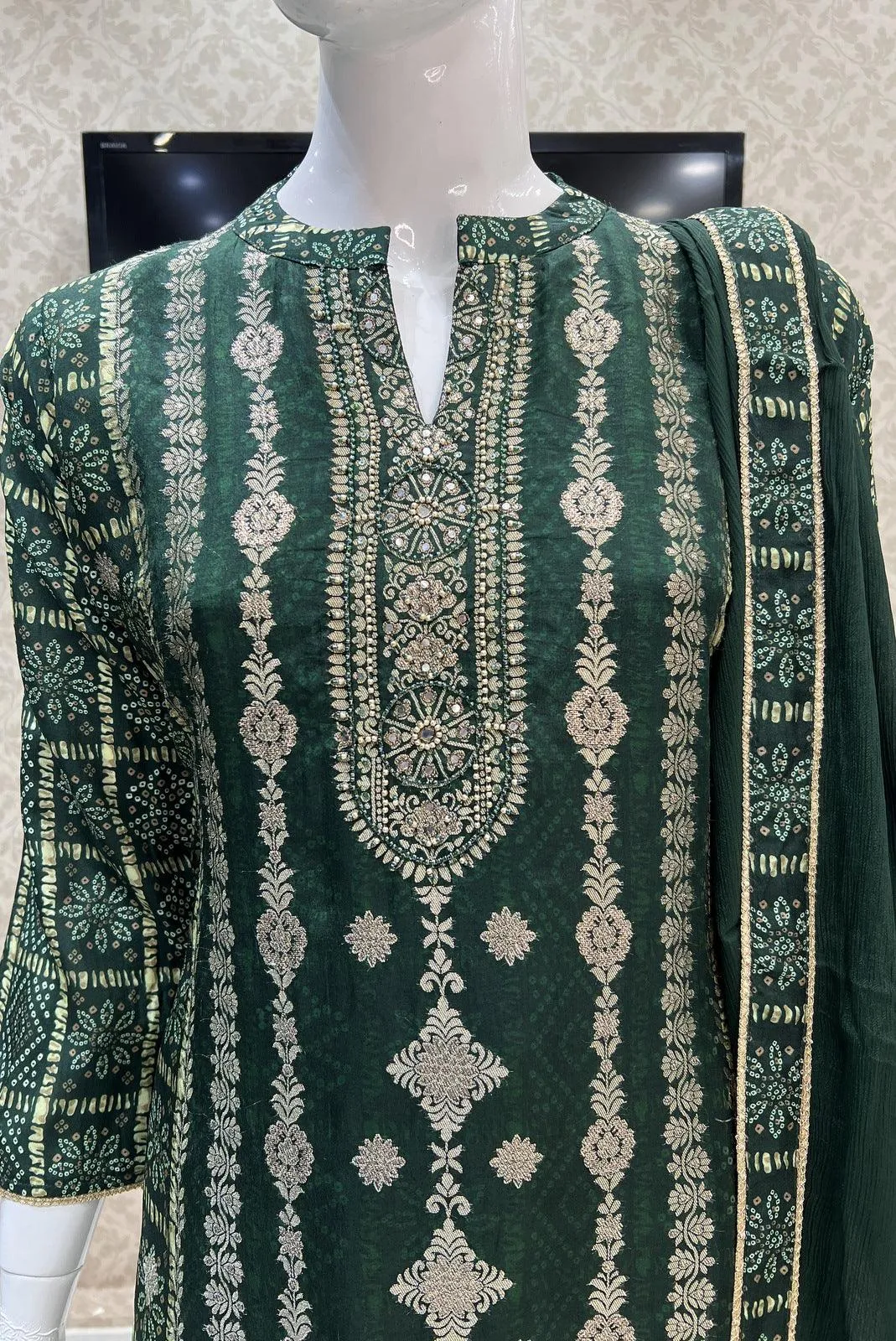 Green Banaras, Pearl and Sequins work with Bandini Print Straight Cut Salwar Suit