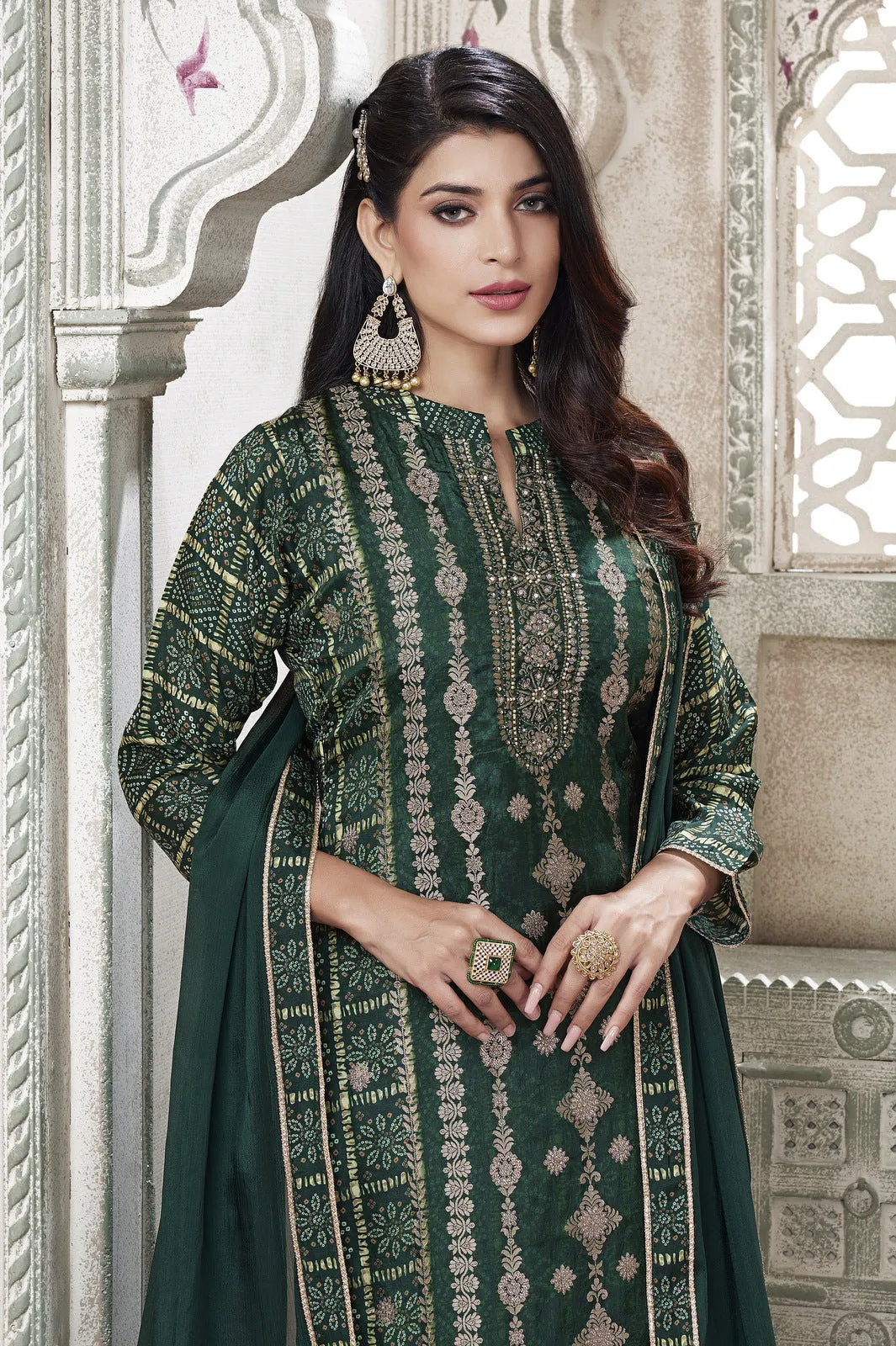 Green Banaras, Pearl and Sequins work with Bandini Print Straight Cut Salwar Suit