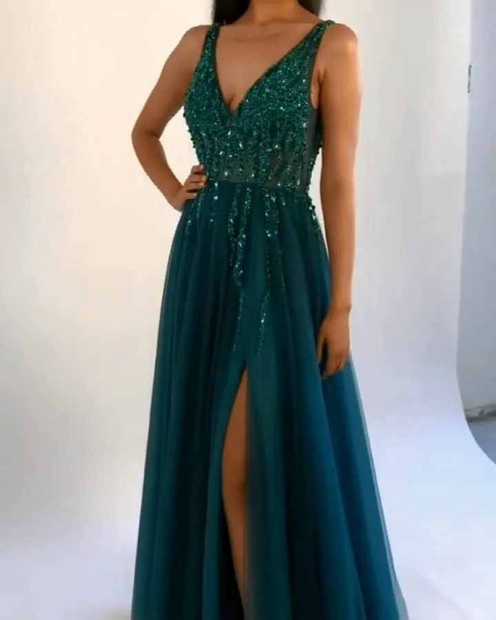 Green Prom Dress with Slit, Prom Dresses, Graduation School Party Gown, PC0325