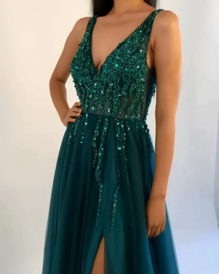 Green Prom Dress with Slit, Prom Dresses, Graduation School Party Gown, PC0325