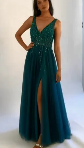 Green Prom Dress with Slit, Prom Dresses, Graduation School Party Gown, PC0325