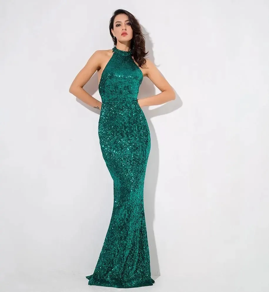 Green Sequin Fishtail Shape Long Dress