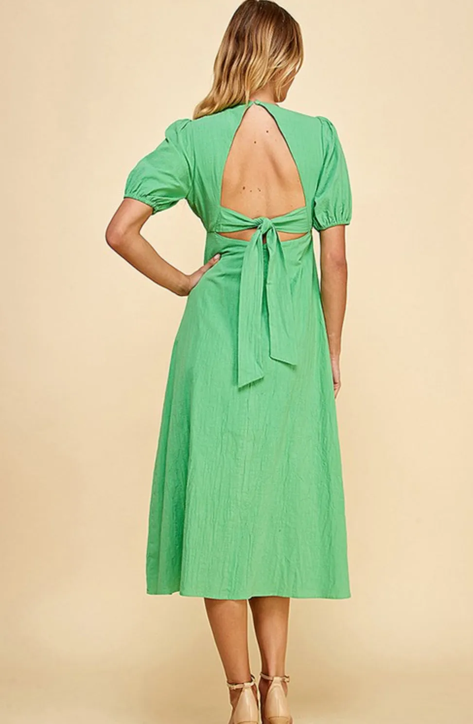 Green v-neck open back midi dress