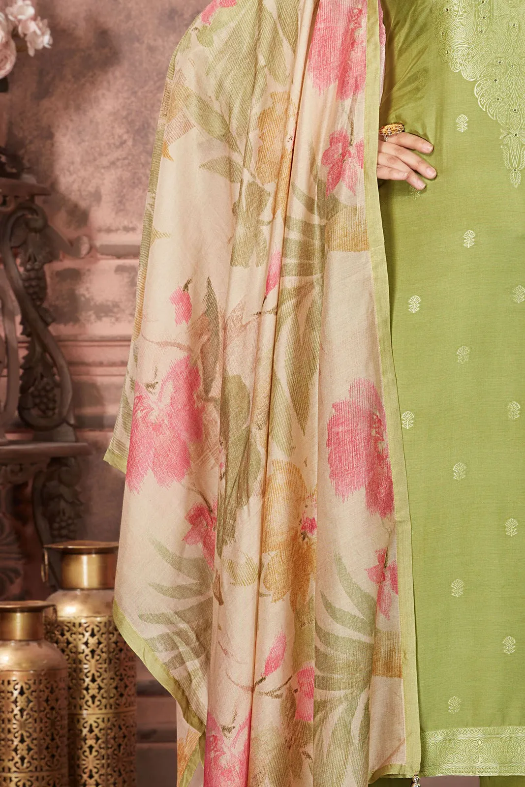 Green with Banaras work Straight Cut Salwar Suit